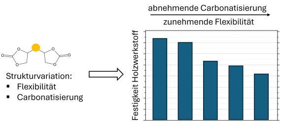 Strukturelle Variationen cyclischer Carbonate führen zu systematischen Änderungen der mechanischen Eigenschaften, die gelbe Markierung zeigt den Ort der Variation