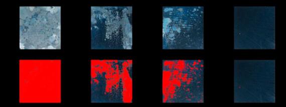 Obere Reihe: Originalfotos von unterschiedlich gut geschützten Aluminiumproben nach Klimabelastung. Untere Reihe: Mit Bildverarbeitungssoftware markierte Korrosion. Berechneter Flächenanteil der Korrosion abzgl. Blindwert v. l. n. r.: 99%, 42%,  